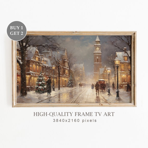 Christmas Vintage Town Painting, Winter Holiday Art Print
