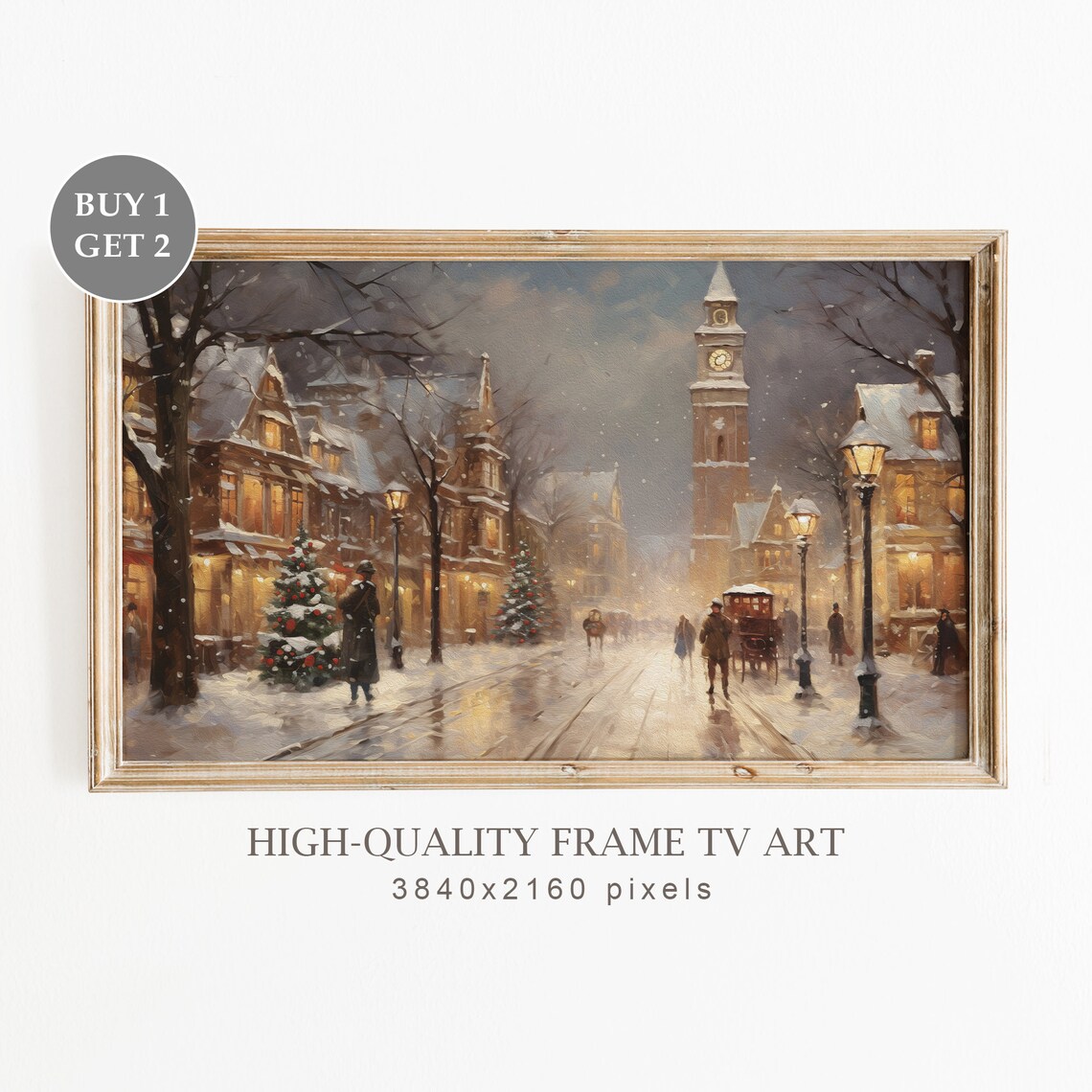 Christmas Vintage Town Painting, Winter Holiday Art Print