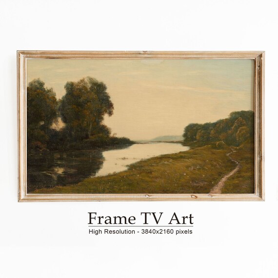 Golden Hour River Calm Waters Trees Winding Path Vintage Landscape Poster