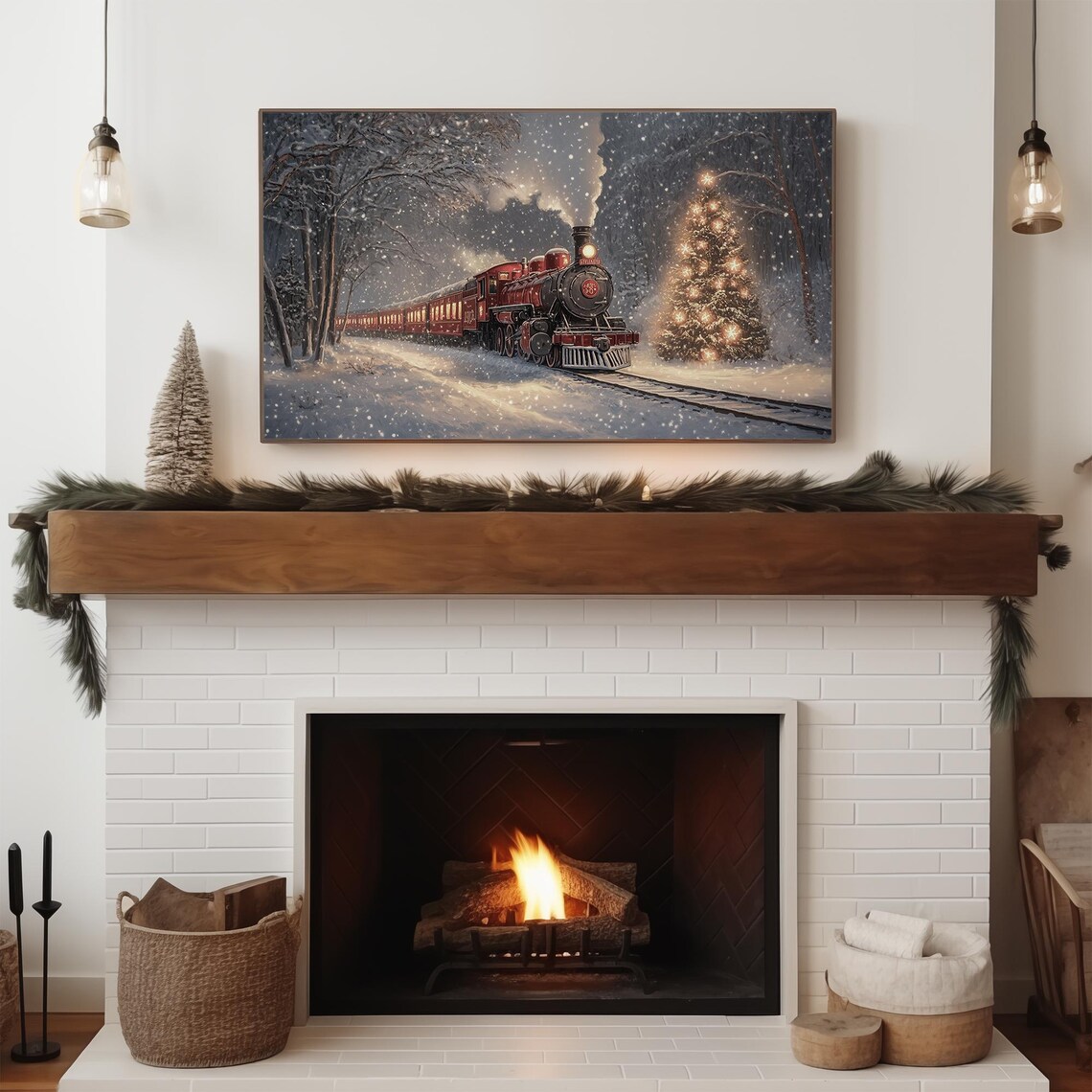 Vintage Christmas Train Art Print, Neutral Winter Scene - Image 4