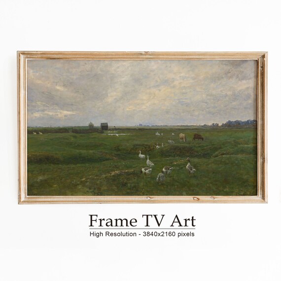 Geese And Cattle Grazing Green Pasture Vintage Countryside Painting Poster