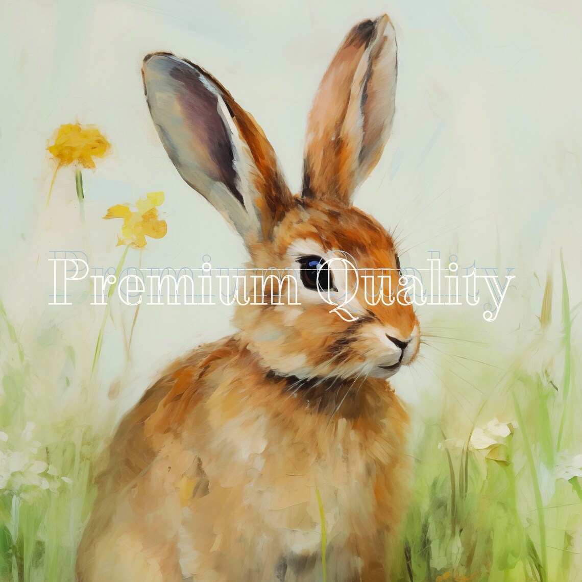 Brown Bunny Misty Green Meadow Yellow Flowers Vintage Oil Print - Image 4