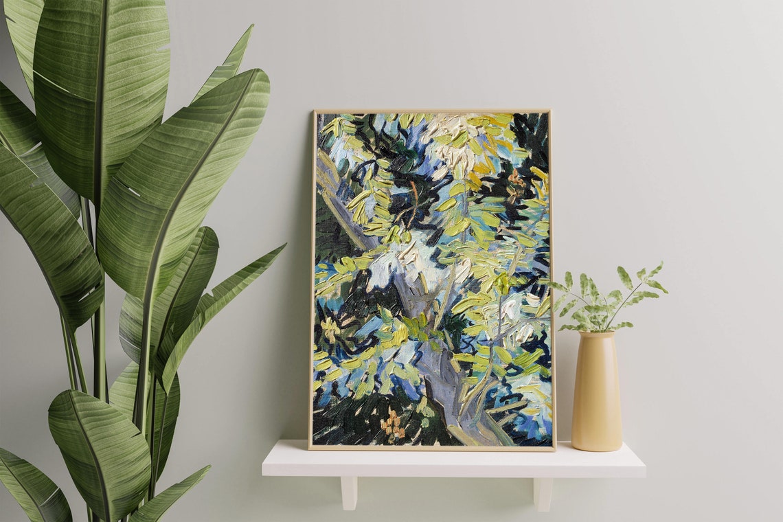 Green Leafy Tree Branches Impasto Blue Sky Vintage Oil Painting Poster - Image 3