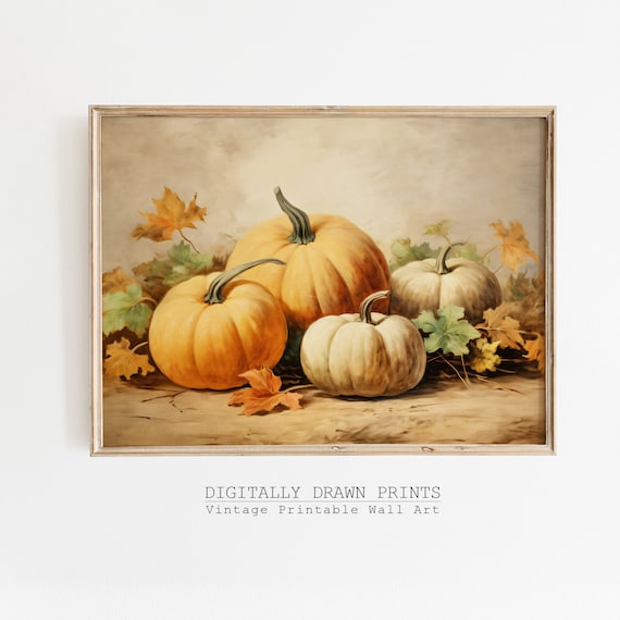 Autumn Pumpkins with Fall Leaves Vintage Still Life Harvest Art Print