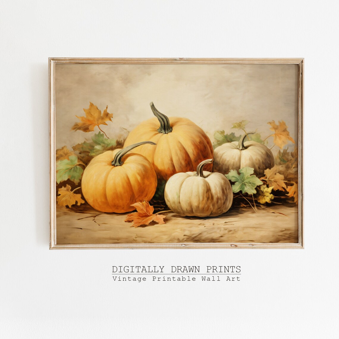 Autumn Pumpkins with Fall Leaves Vintage Still Life Harvest Art Print