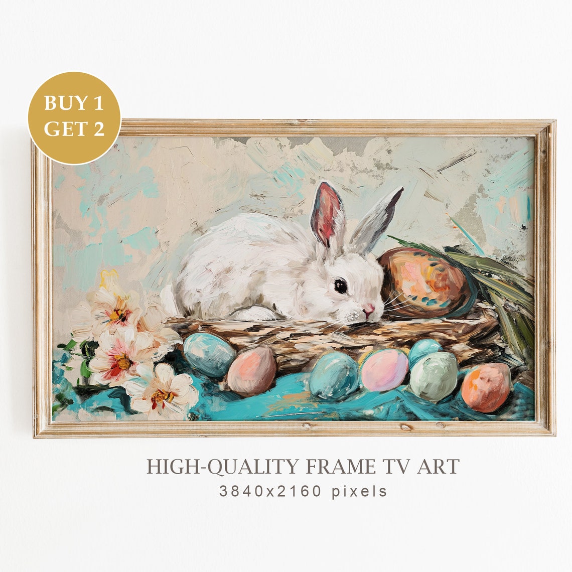 White Bunny With Easter Eggs Nest Spring Oil Painting Art Print