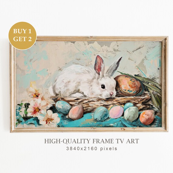 White Bunny With Easter Eggs Nest Spring Oil Painting Art Print