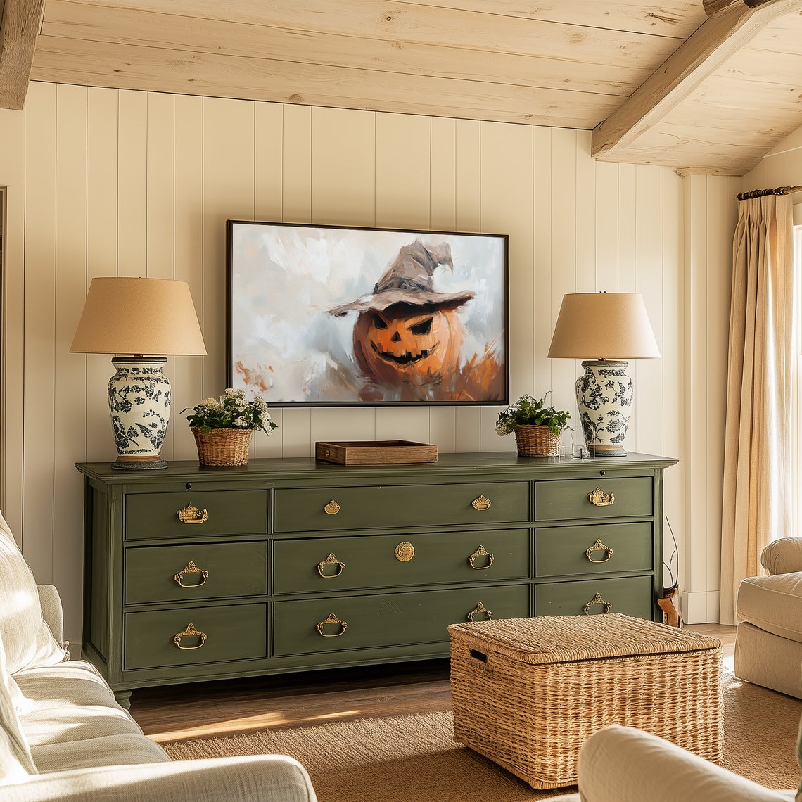 Jack O Lantern Witch Hat Impressionist Neutral Beige Halloween Poster - Image 3
