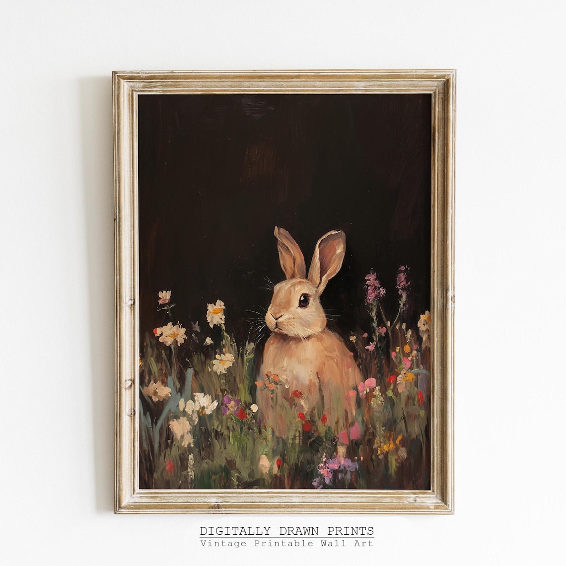 Dark Moody Bunny In Wildflowers Vintage Farmhouse Rabbit Poster
