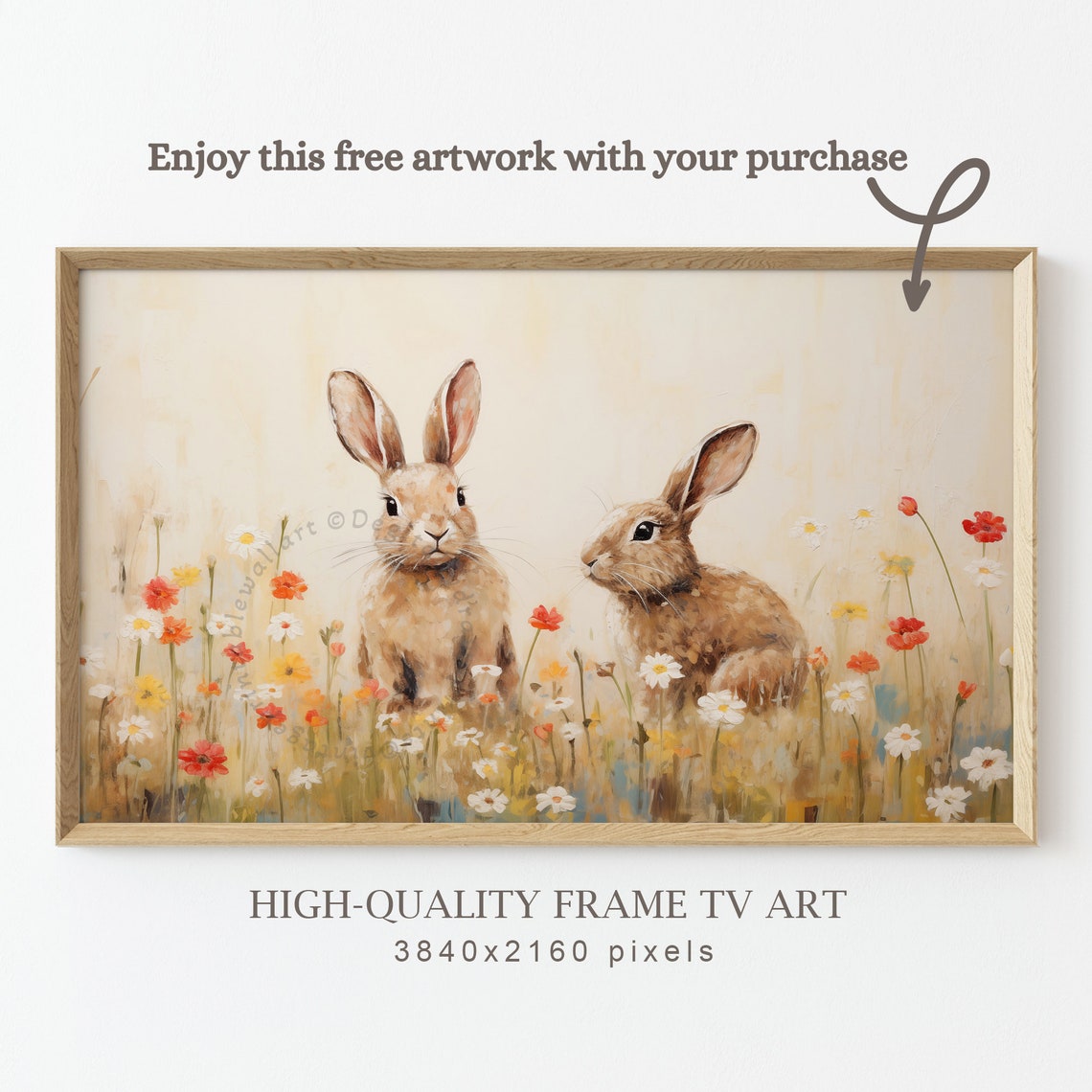 Vintage Easter Bunny Frame Tv Art Neutral Spring Rabbit Painting For Tv Easter Decor Cute Bunny Around Books And Tulips - Image 2