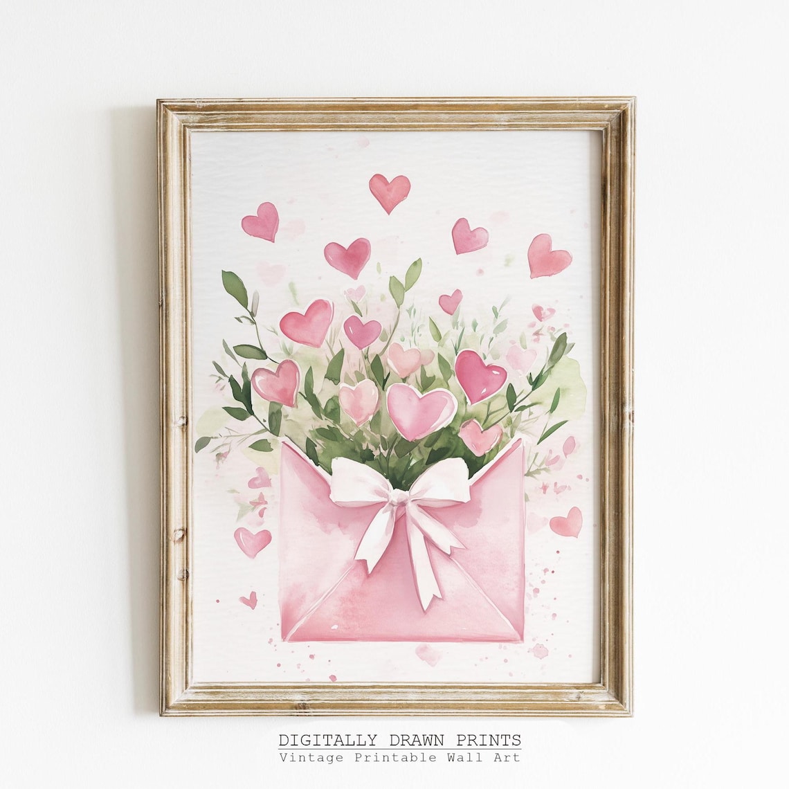 Pink Hearts Envelope Watercolor Art Print
