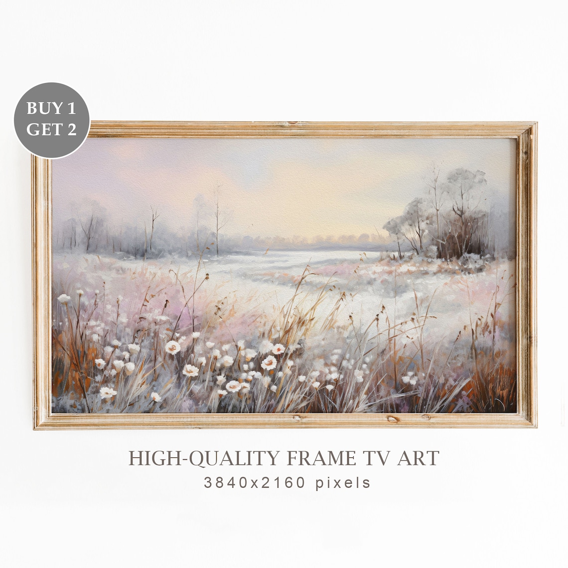 Frosty Wildflower Meadow At Misty Dawn Winter Morning Landscape Print