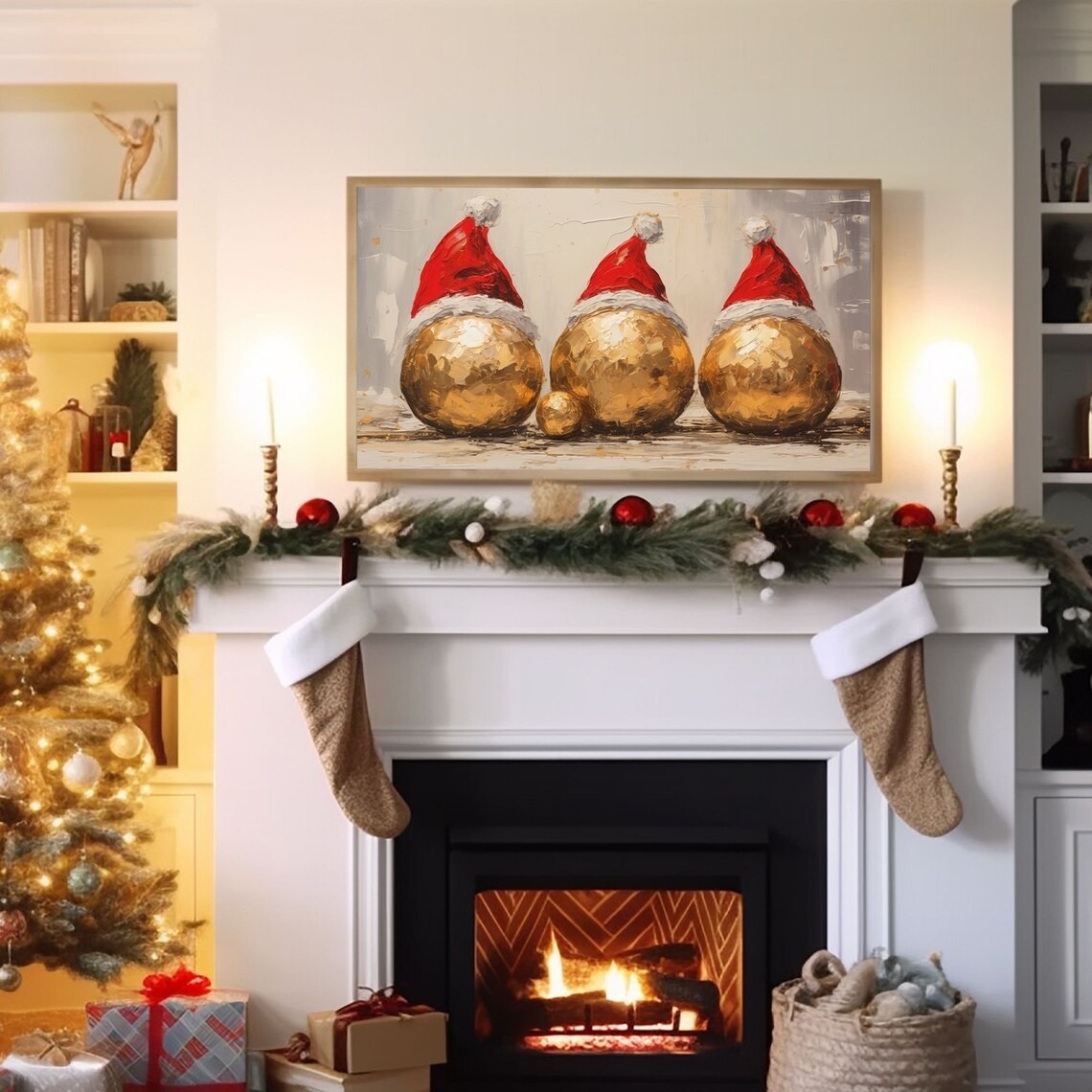 Christmas Ornaments With Santa Hat, Seasonal Art Print - Image 3