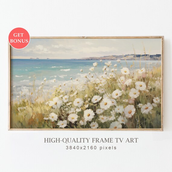 White Daisies Coastal Meadow Ocean Cliff Summer Floral Poster