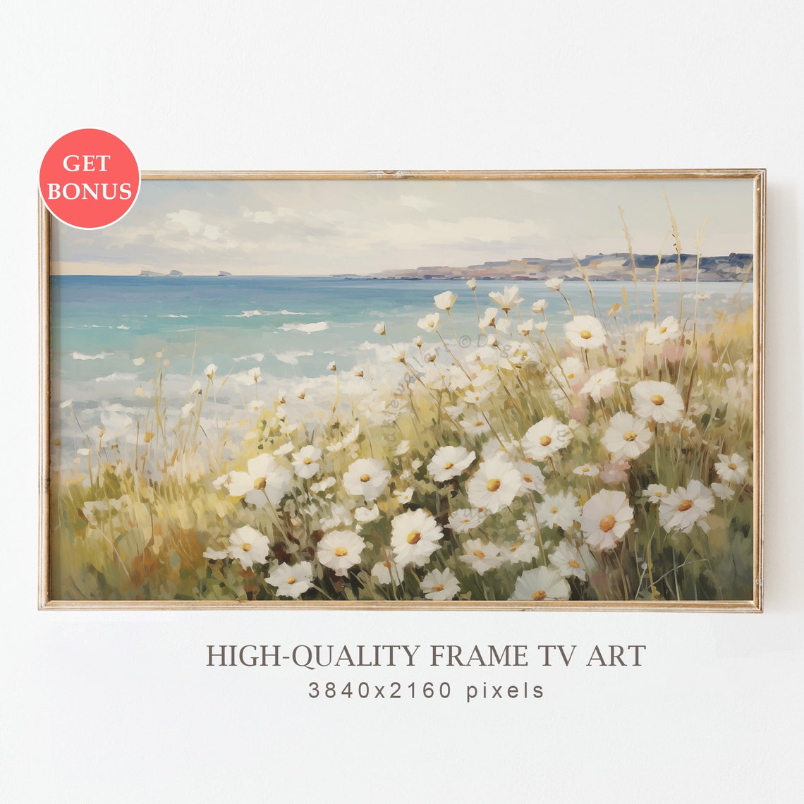 White Daisies Coastal Meadow Ocean Cliff Summer Floral Poster