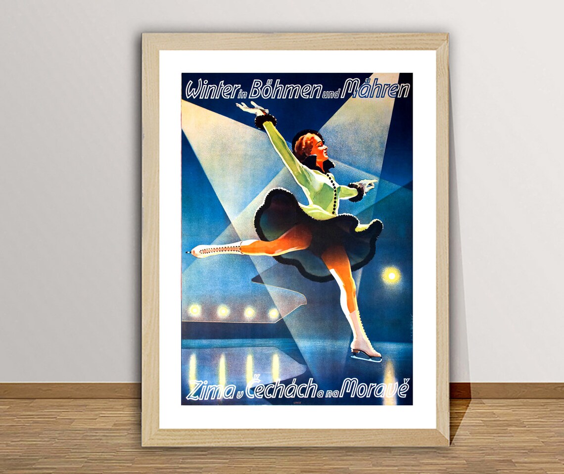 Winter in Bohemia and Moravia Vintage Ice Skating Travel Poster