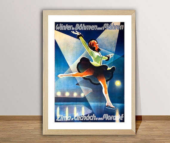 Winter in Bohemia and Moravia Vintage Ice Skating Travel Poster