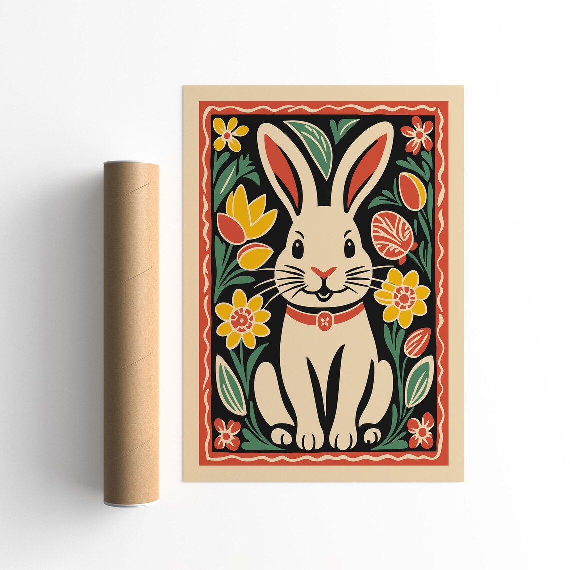 Folk Art Rabbit Tulip Floral Black Boho Spring Easter Wall Decor Poster - Image 2