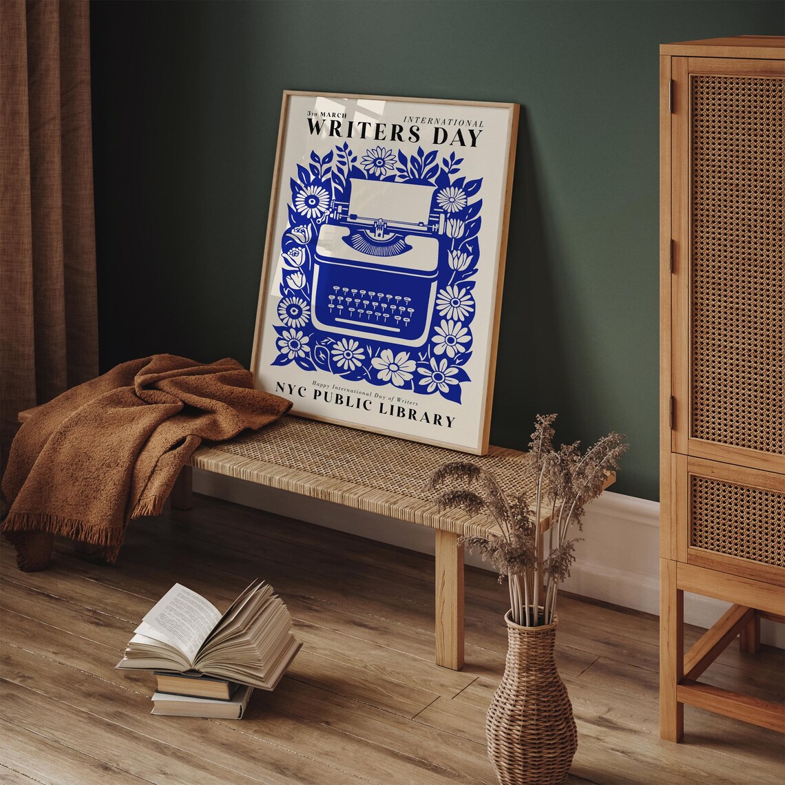 NYC Library Vintage International Writers Day Blue Floral Poster - Image 6