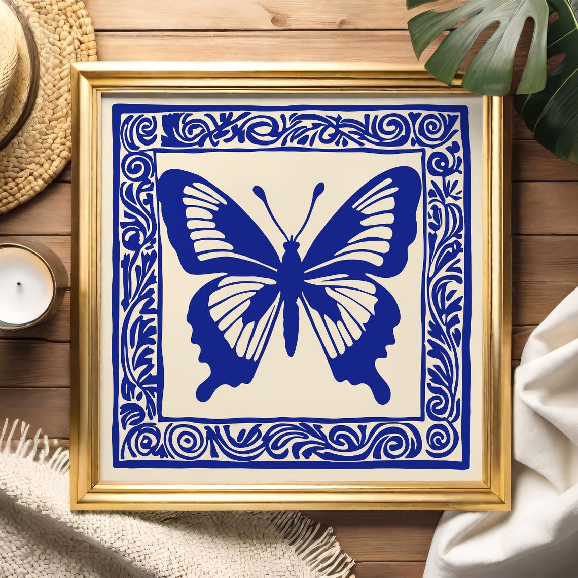 Blue Butterfly Tile Pattern Vintage Nature Scene Deco Poster