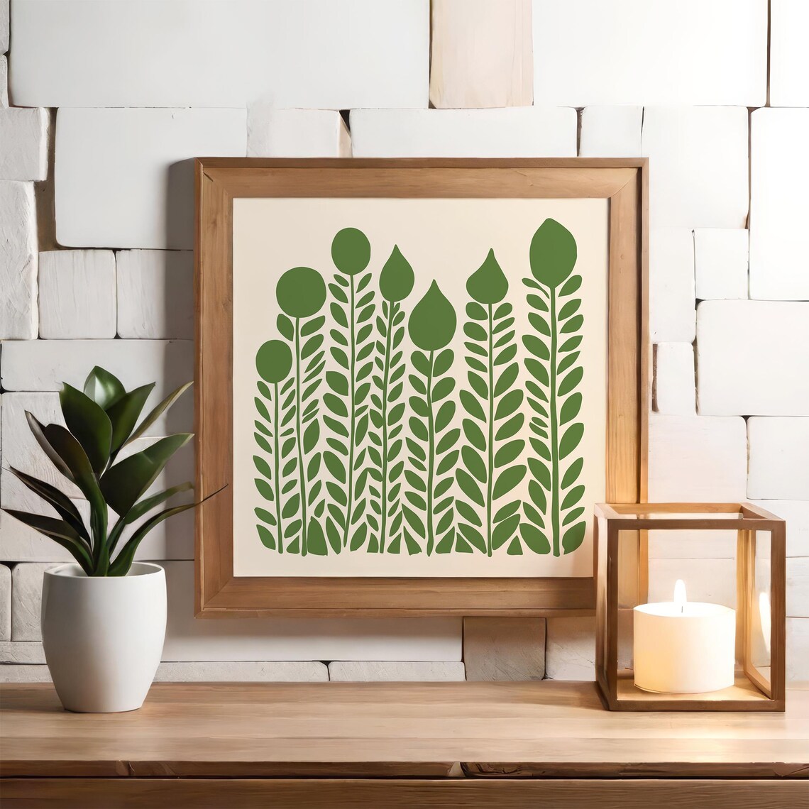 Minimalist Green Plant Stems Scandinavian Square Botanical Poster - Image 5