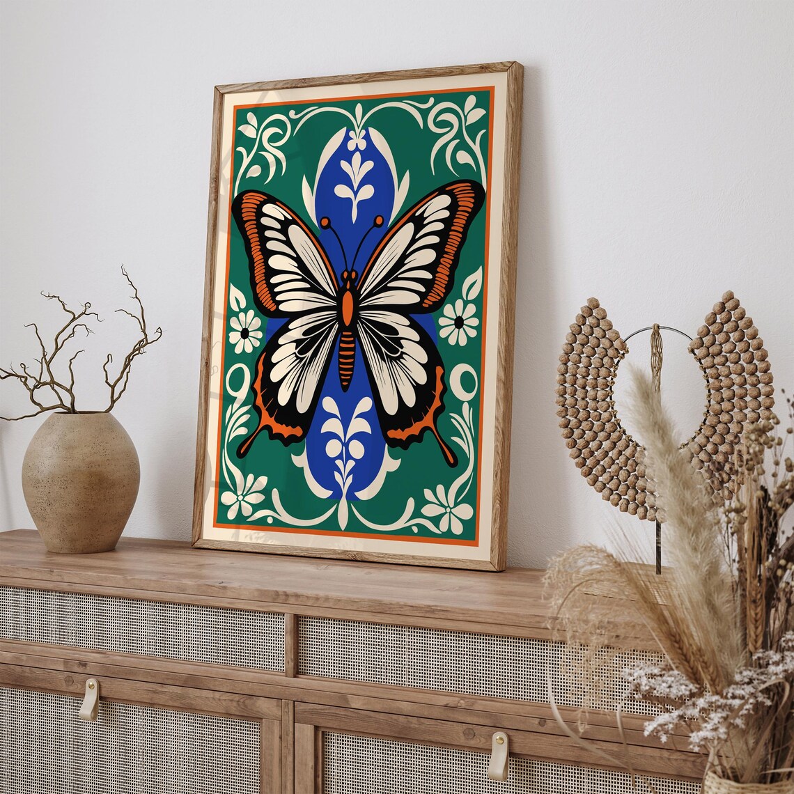 Art Nouveau Butterfly Poster Green Blue and Orange Vintage Style - Image 4