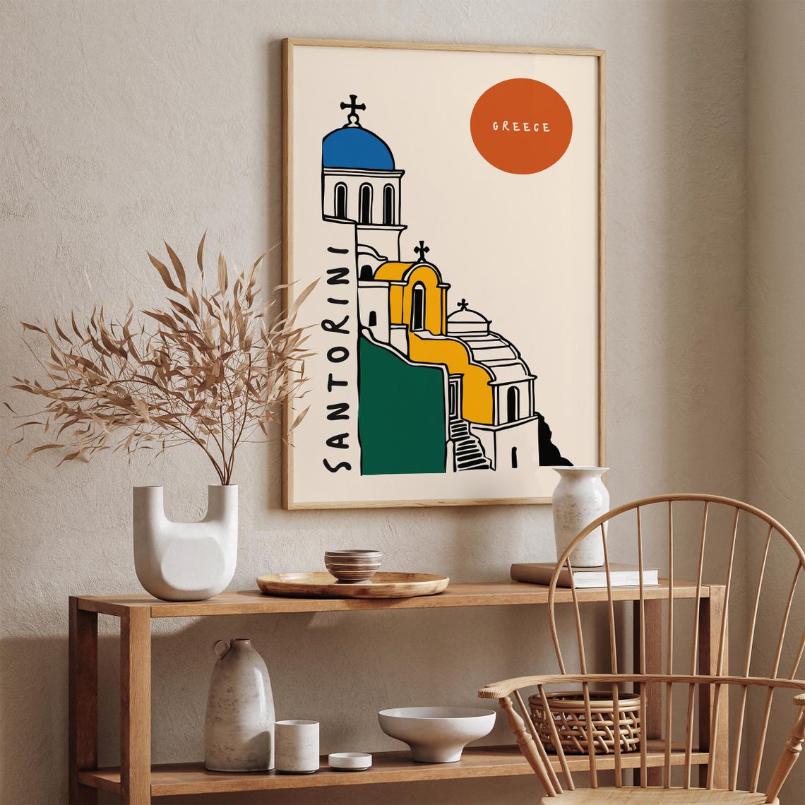 Santorini Greece Colorful Churches Blue Dome Travel Art Poster - Image 2