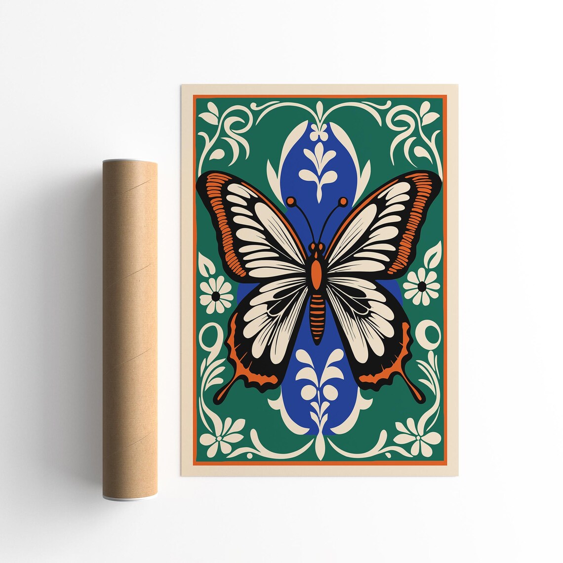 Art Nouveau Butterfly Poster Green Blue and Orange Vintage Style