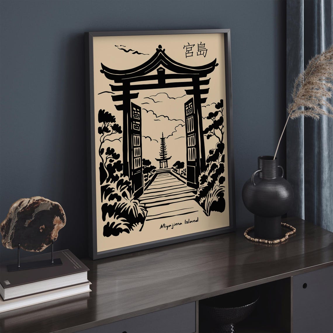 Miyajima Island Zen Torii Gate Black Ink Japanese Travel Poster - Image 2