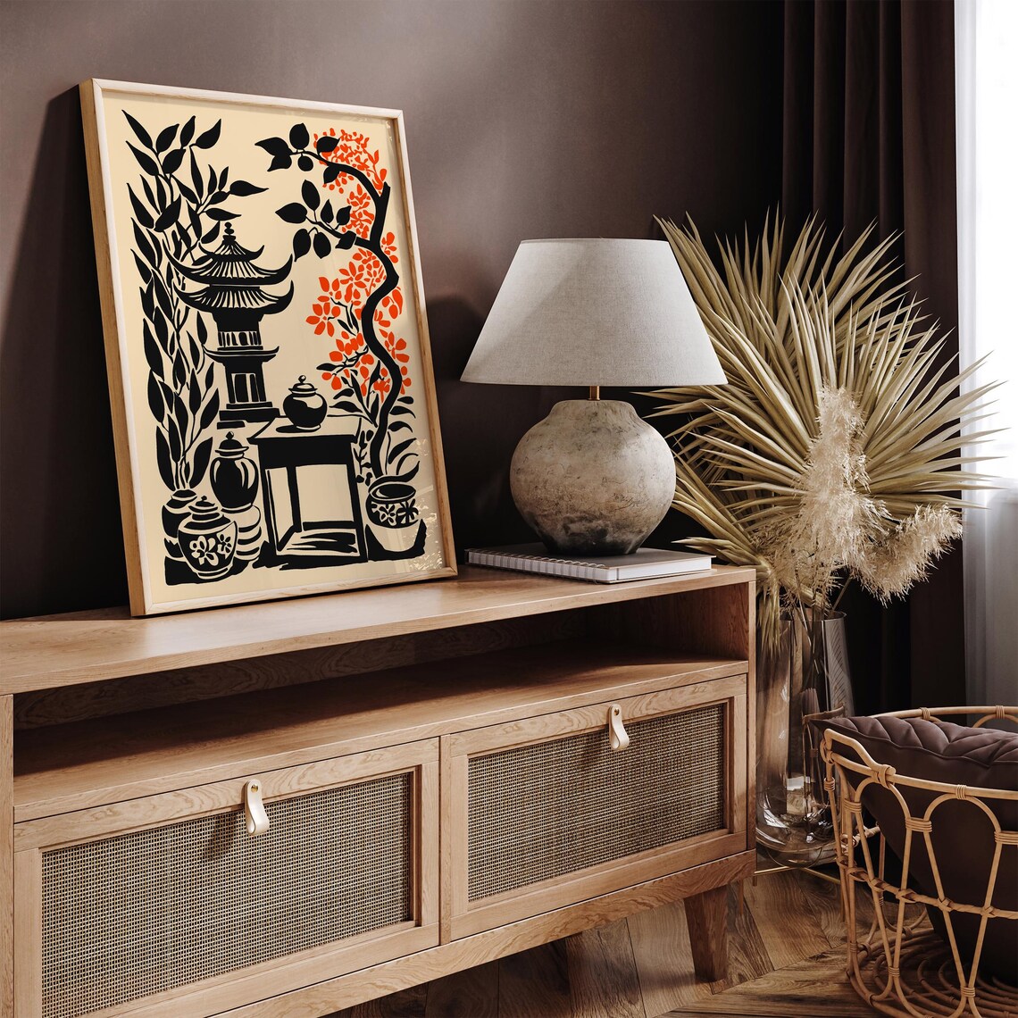 Kyoto Pagoda Black Ink Japanese Zen Still Life Poster Red Blossoms - Image 3