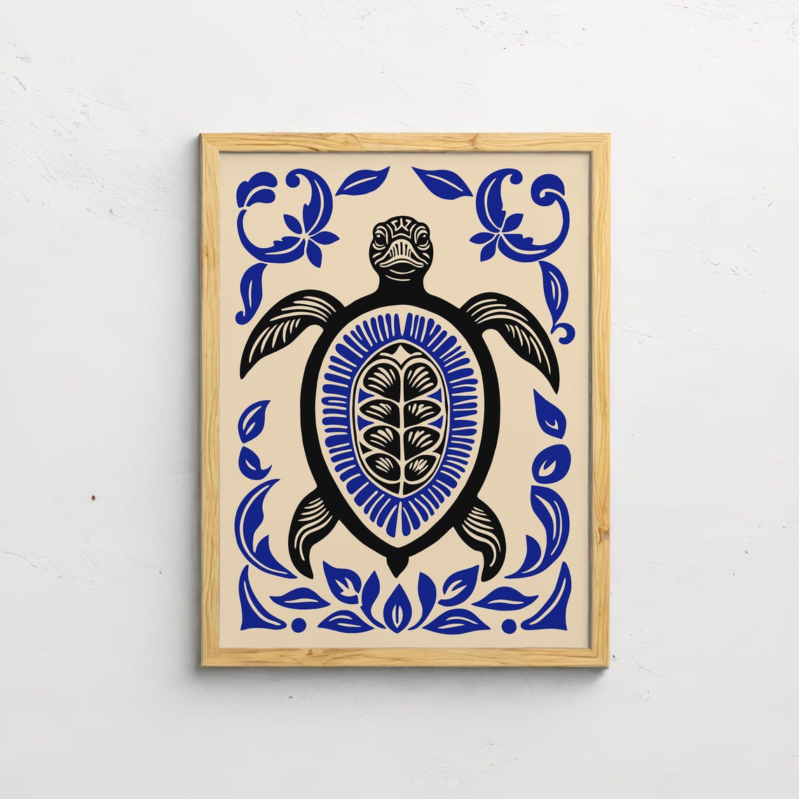 Blue Black Tribal Sea Turtle Ocean Coastal Bohemian Wall Decor Poster