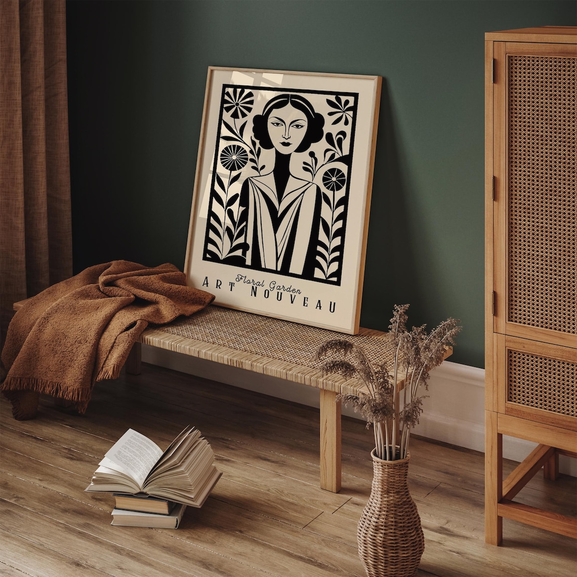 Art Nouveau Floral Garden Woman Black Beige Elegant Style Poster - Image 5