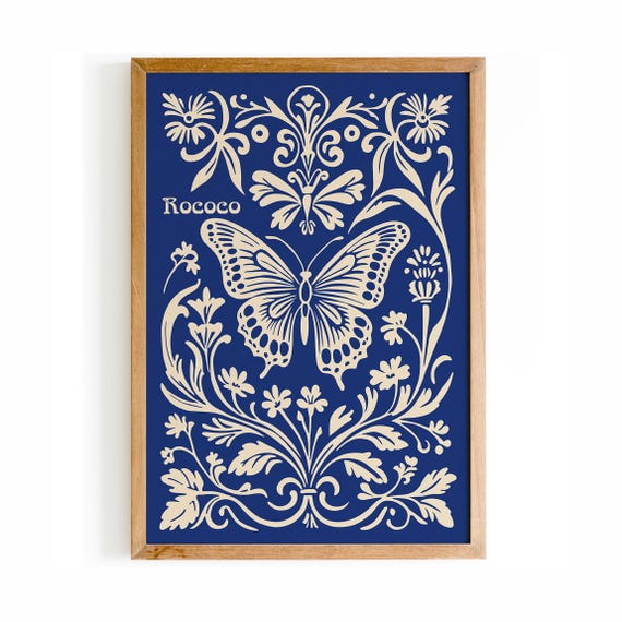 Elegant Butterfly Poster Blue Rococo Art Print Classic Botanical Wall Art Nature Home Decoration Enchanting Gift For Butterfly Lovers