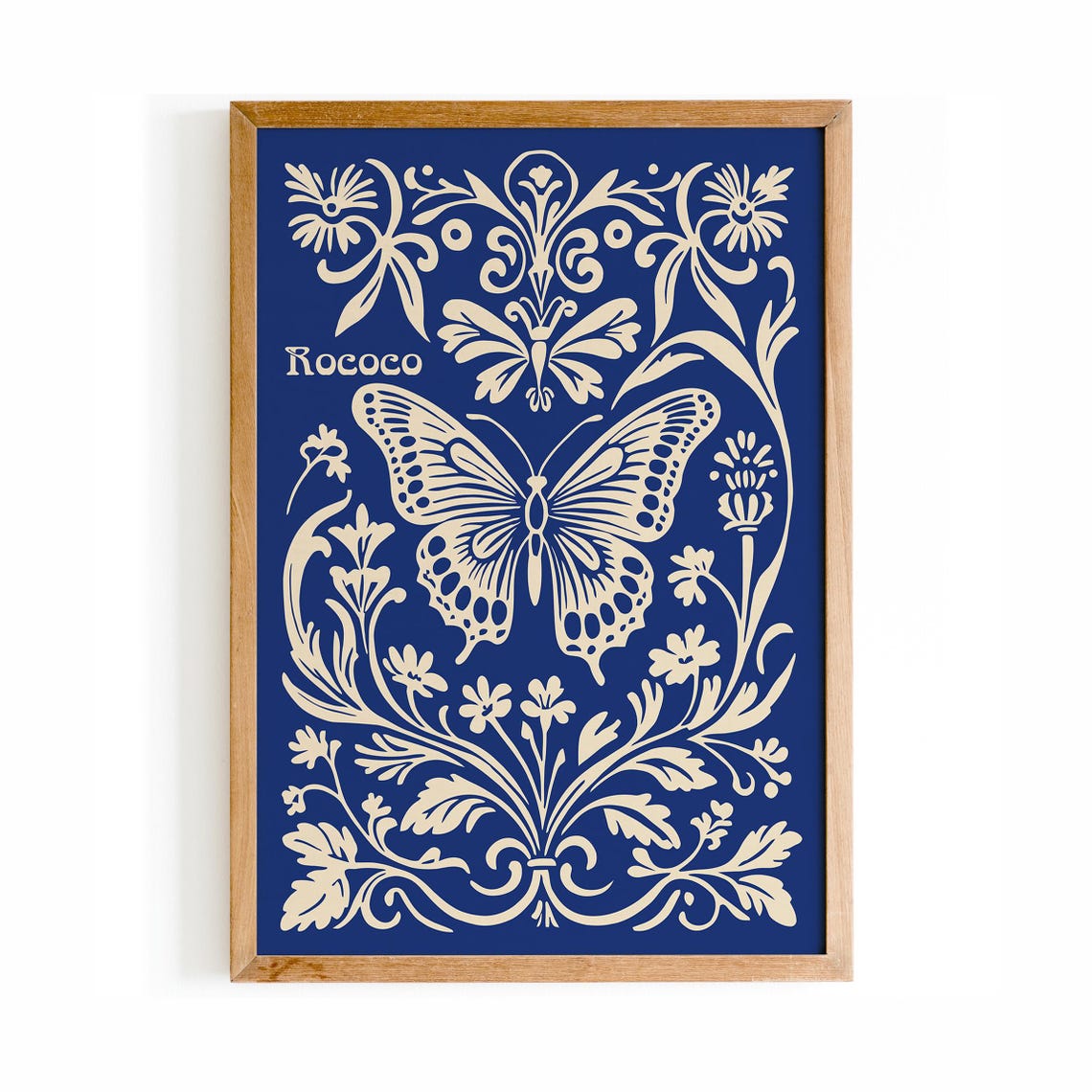 Rococo Blue And Cream Butterfly Botanical Illustration Poster