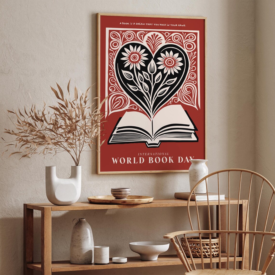 International World Book Day Heart Floral Open Book Art Poster - Image 2