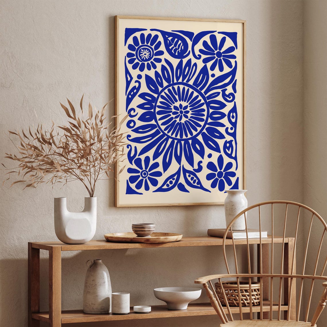 Indigo Blue Floral Symmetrical Botanical Mandala Ornament Poster - Image 4