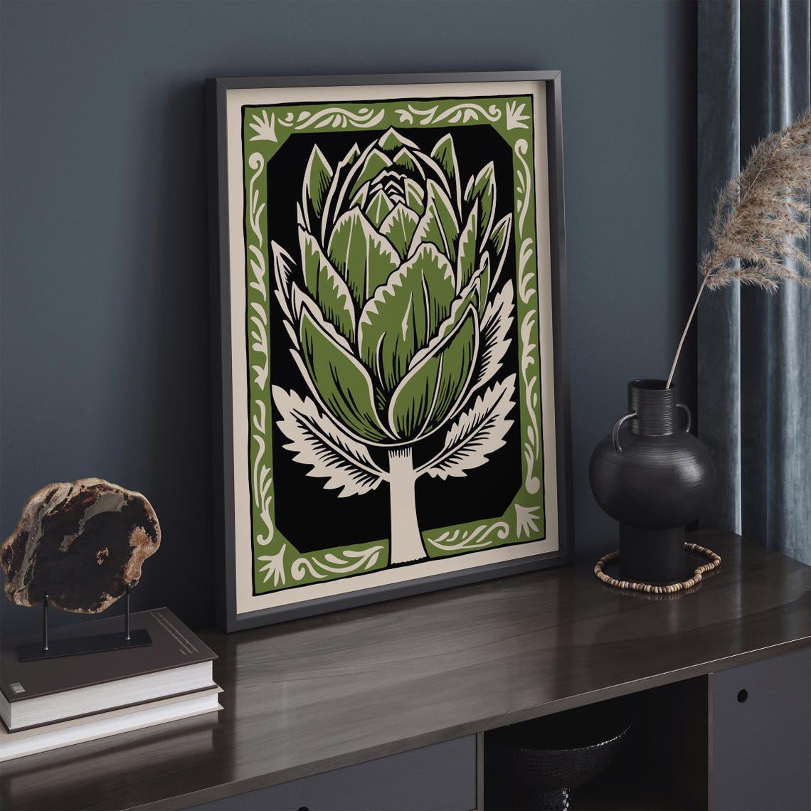 Green Artichoke Linocut in Ornate Border Farmhouse Kitchen Poster - Image 4
