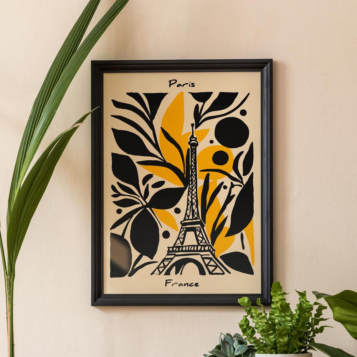 Paris Eiffel Tower Botanical Yellow Black France Travel Poster