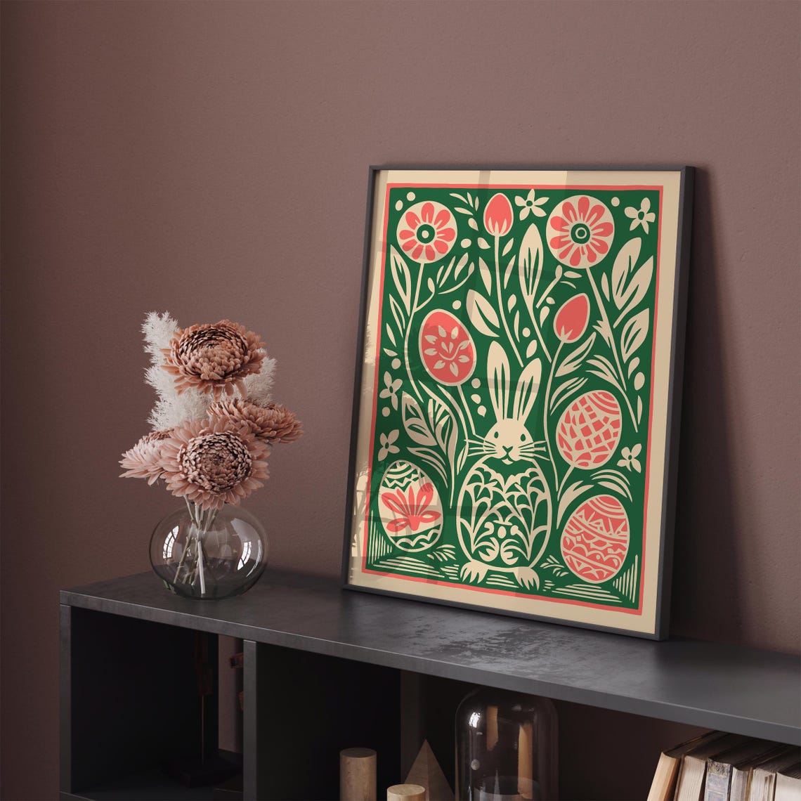 Green and Coral Easter Bunny Folk Decorated Eggs Spring Art Poster - Image 2