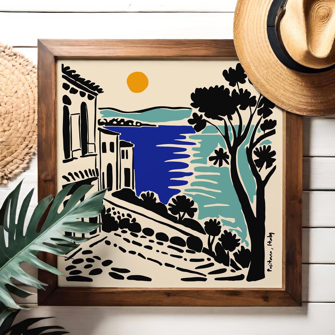 Positano Italy Coastal Street Blue Sea Linocut Travel Art Poster - Image 4