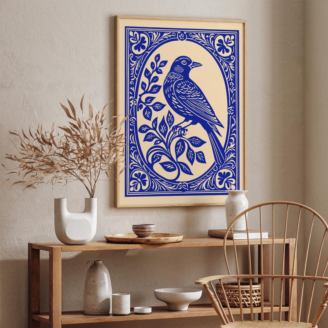 Cobalt Blue Songbird on Cream With Ornate Rococo Frame Poster - Image 3