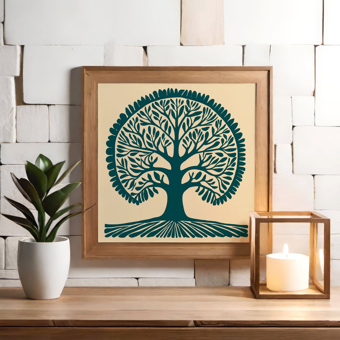 Teal Tree of Life Symmetrical Botanical Square Folk Style Poster - Image 3