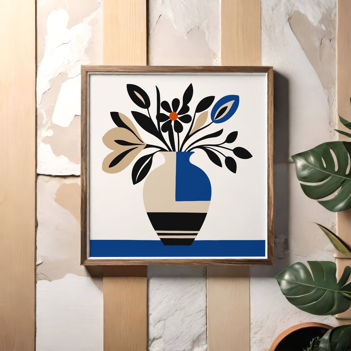 Blue Beige Geometric Vase Floral Minimalist Square Art Print - Image 3