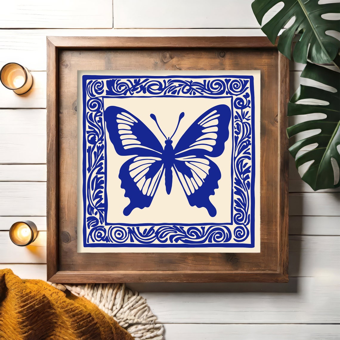 Blue Butterfly Tile Pattern Vintage Nature Scene Deco Poster - Image 2