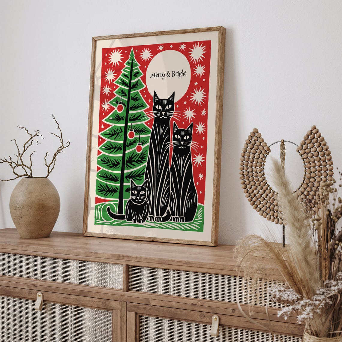Merry and Bright Christmas Cat Poster with Black Cats and Tree - Image 4
