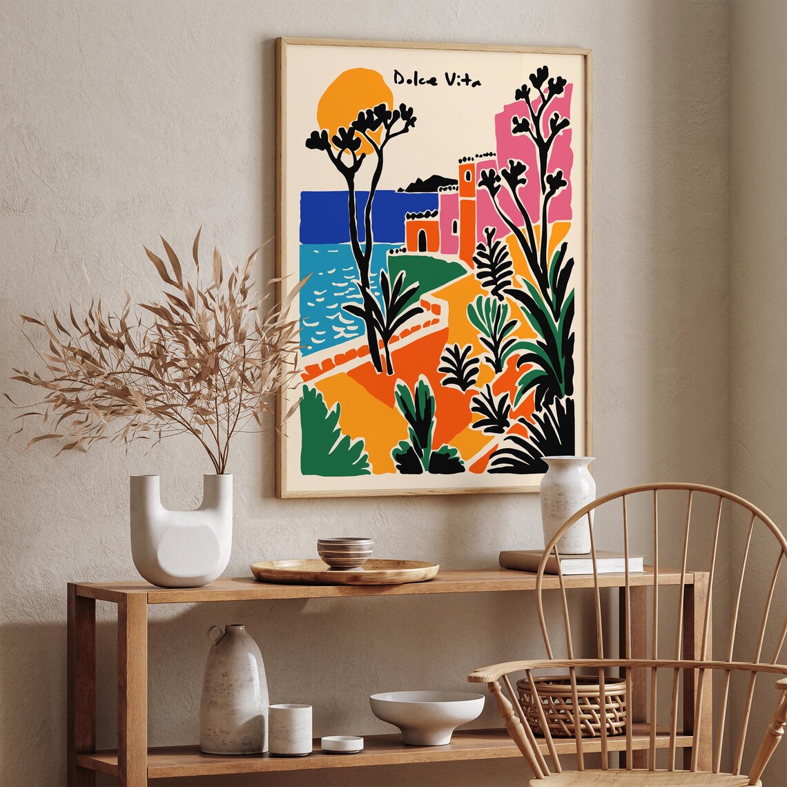 Dolce Vita Coastal Town Poster Pink Houses Sea and Palm Trees - Image 2