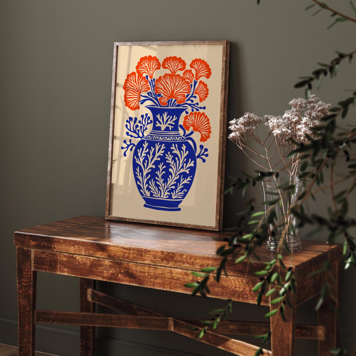 Bold Cobalt Blue Vase Orange Coral Flowers Botanical Wall Poster - Image 6