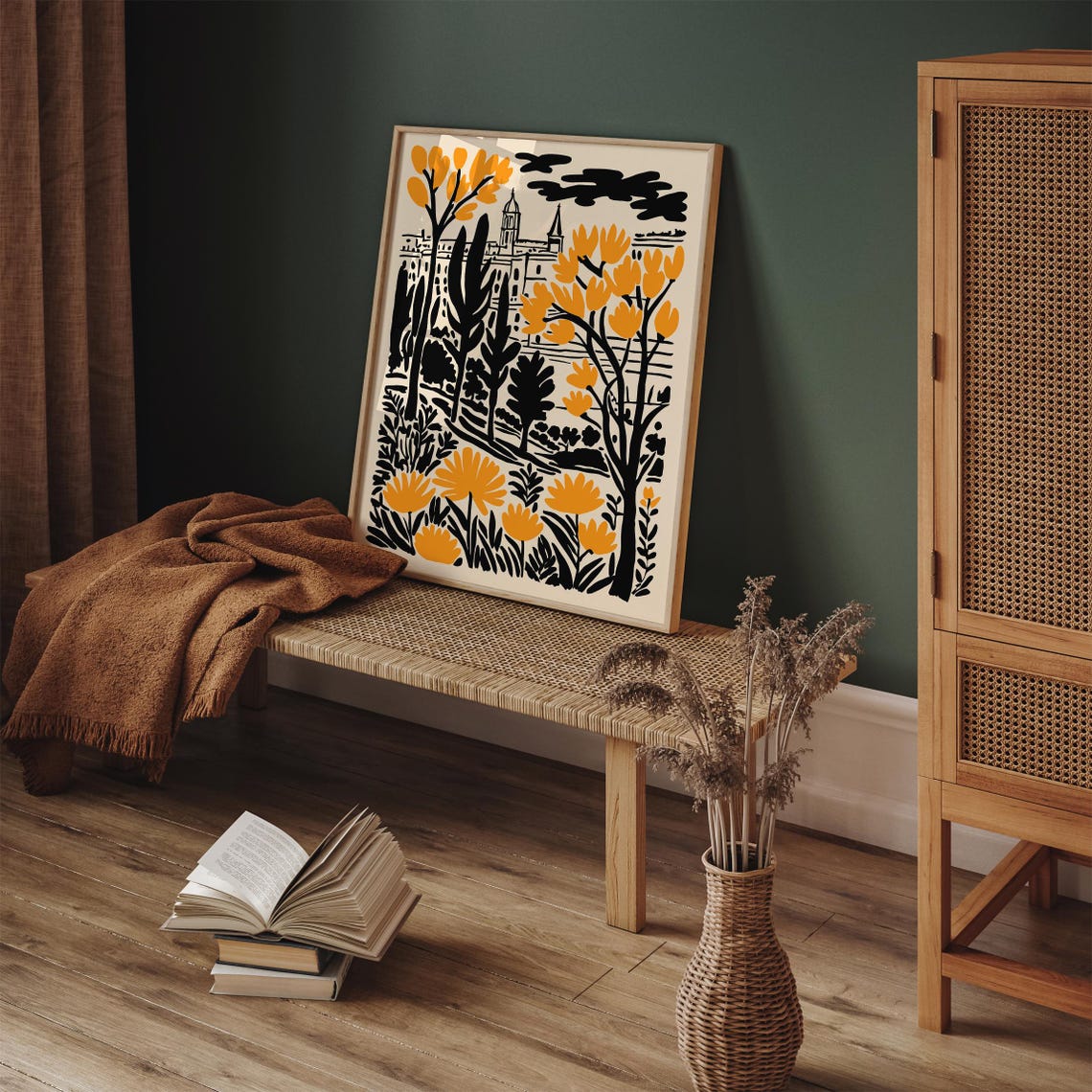 French Countryside Church Poster With Black and Orange Autumn Trees - Image 4