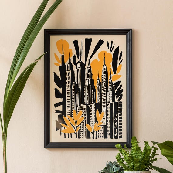 Modern Abstract Nyc Skyline Poster Yellow New York Cityscape Art Print Vibrant Urban Wall Art Bold Contemporary Skyscraper Illustration