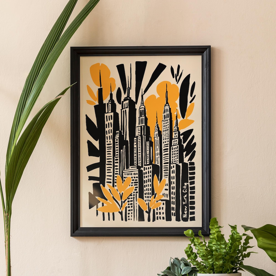 Abstract New York City Skyline Poster in Black and Golden Yellow